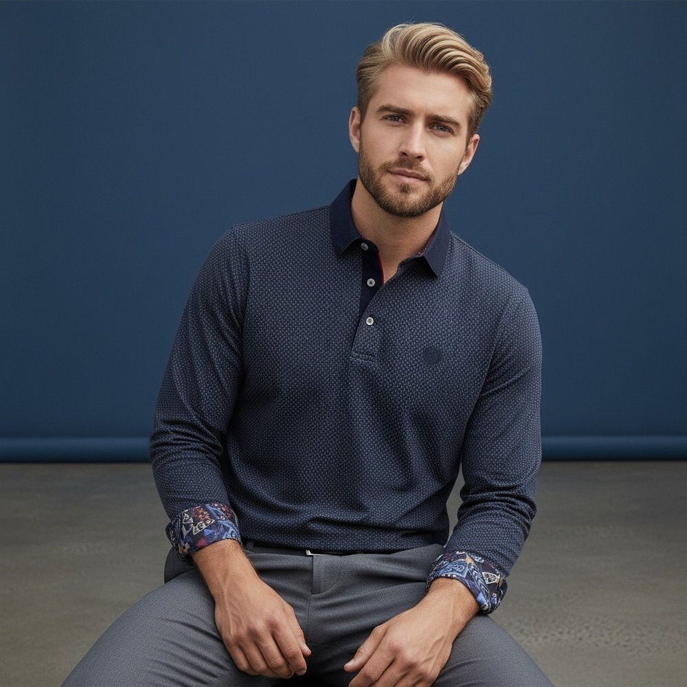Au Noir 2XL Mercerised Cotton Shirt – Navy Geometric Button-Up w/ Contrast Trim